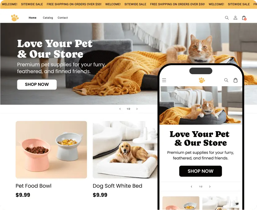 Prévia de loja de produtos para pets no computador e no celular