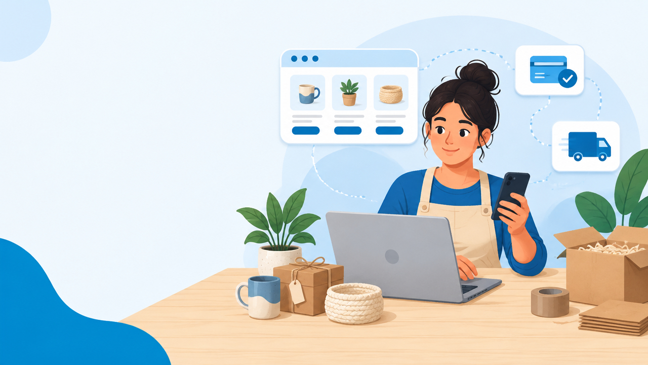 Empreendedor organizando os primeiros passos para criar uma loja virtual, com computador, celular, produtos e caixa de envio