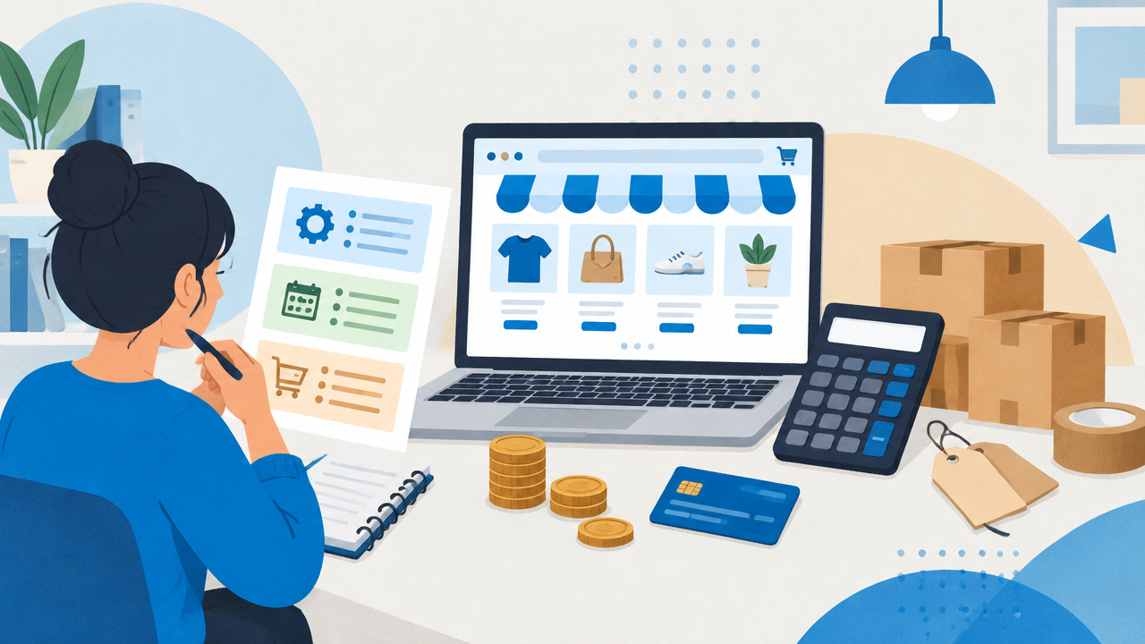 Empreendedora organizando os custos iniciais e recorrentes de uma loja virtual