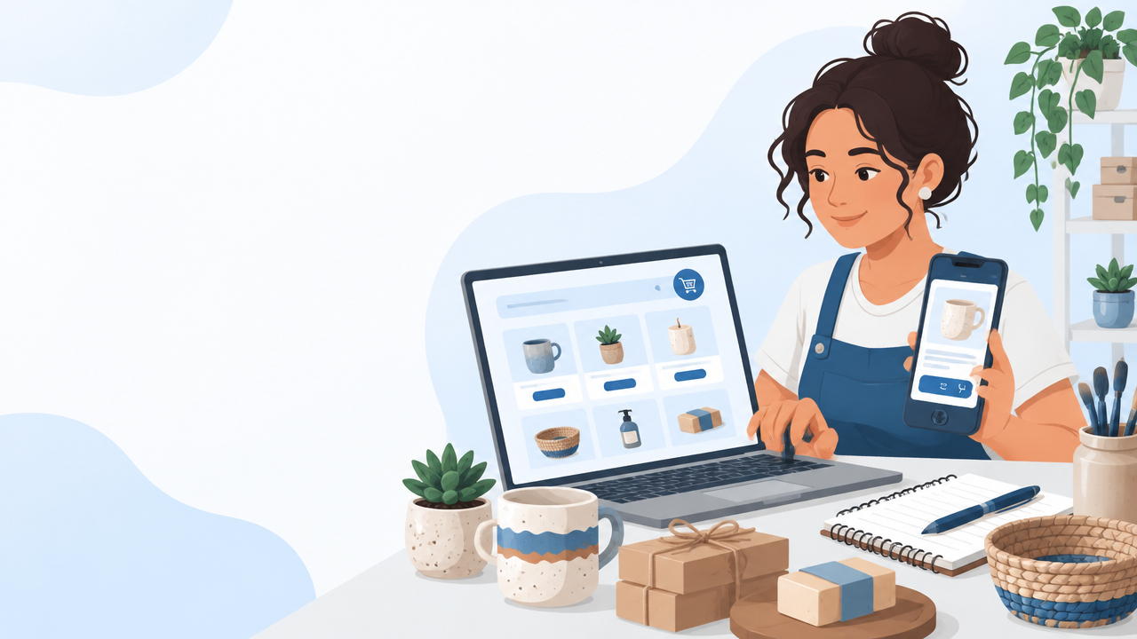 Empreendedora planejando uma loja virtual em notebook e celular, com produtos organizados sobre a mesa.