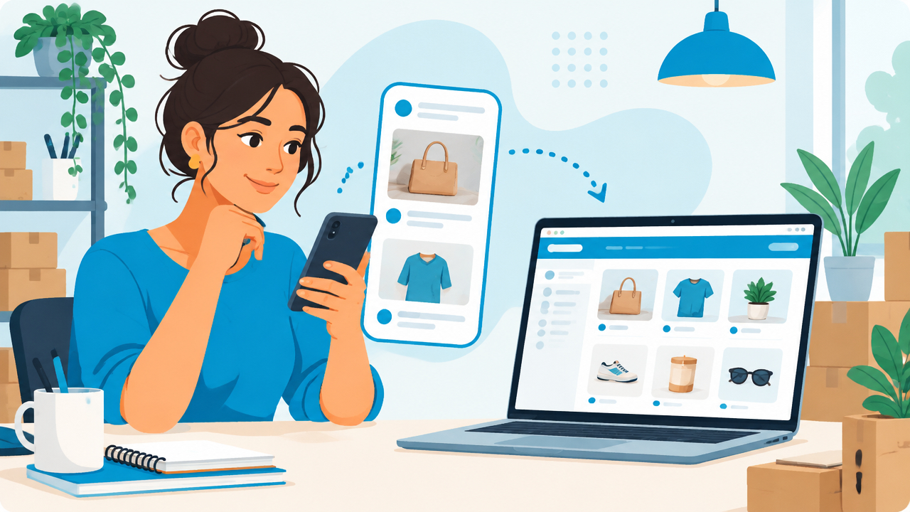 Empreendedora usando celular e notebook para conectar vendas do Instagram a uma loja virtual própria