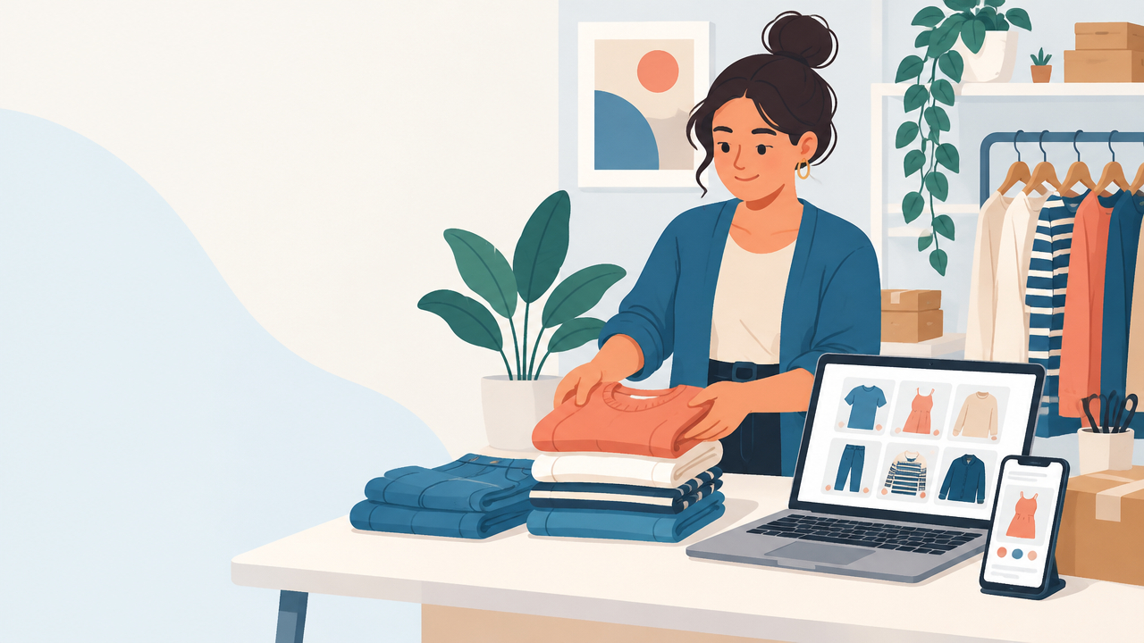 Ilustração de uma pequena loja de roupas online com peças selecionadas, laptop e celular